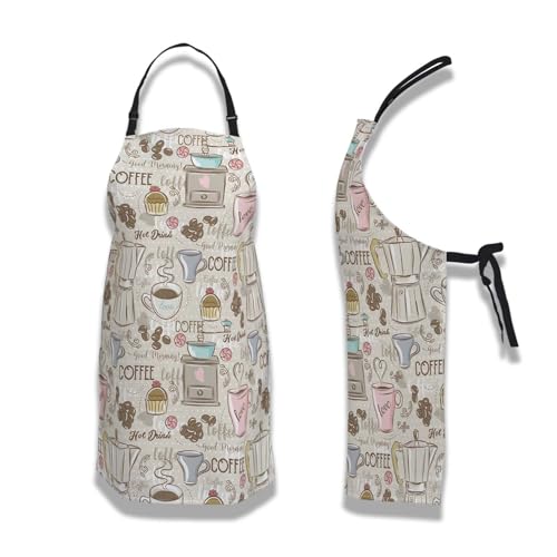 Retro Apron for Women Coffee Set Patterns Mans Aprons for Grilling for Kitchen Cooking Restaurant BBQ Painting Crafting Gardening 27” (W) x 31” (H), Waterproof Aprons - color: Coffee Set Patterns