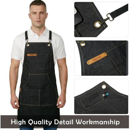 Professional Unisex Chef Apron – Cross-Back, Large Pockets, Water-Resistant Cotton Canvas - color: Black Denim