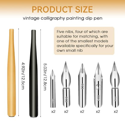 12PCS Comic Pen Nibs Set, Oblique Calligraphy Dip Pen Nib Holder with Stainless Steel Replacements for Writing, Signing, Painting - color: Wood+Black