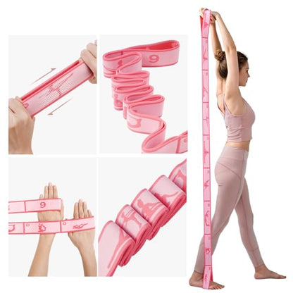 2 Pack 9-Loop Stretch Strap with Pose Guide Pattern, Elastic Yoga Band for Dance, Pilates, Gymnastics, Flexibility Exercise, Kids Workout Training, Youth Ballet Belt - color: Blue+Pink