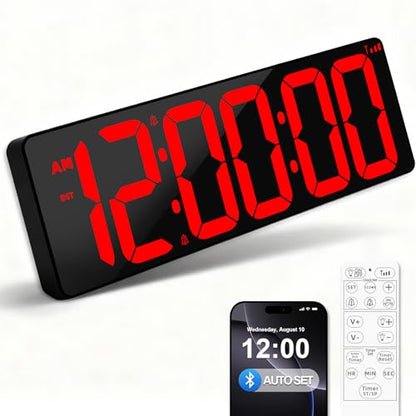 TXL 17.2" Bluetooth Digital Wall Clock with Seconds, Large Countdown Timer for Classroom Home Gym Kitchen Office, Alarm Clock with Remote Control, 4 Dimmable Brightness, Auto DST (Red) - color: Red