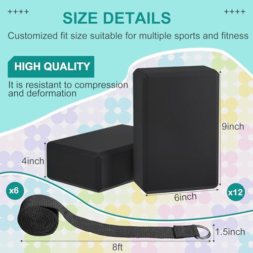 Meooeck 18 Pcs Yoga Blocks and Strap Set Include 12 EVA Foam Yoga Blocks Bulk 9"x6"x3" with 6 Adjustable 8 ft Straps D Ring Non Slip Props for Stretching Pilates Workout Studio Home Gym - color: black