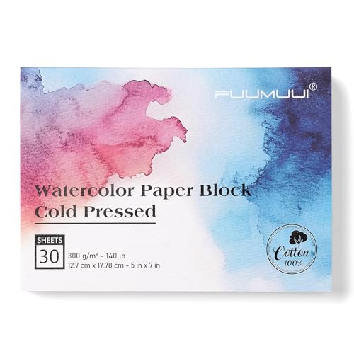 Watercolor Paper Block 5x7 Inch, Fuumuui 100% Cotton Watercolor Paper Pad of 30 Sheets, 140lb/300gsm, Acid-Free Cold Pressed Art Paper for Painting, Drawing, Art Journaling, Wet, Mixed Media - color: Cold Press, size: 5”×7“