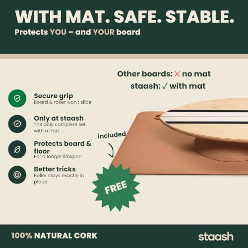STAASH® Balance Board Full Kit – Premium Birch Wood Trainer with Cork Roller, Balance Disc, Massage Ball & Anti-Slip Mat – Core Strength, Surf, Snowboard & Rehab Training – All-In-One Set - color: Obsidian