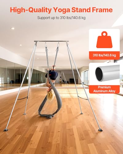 VEVOR Adjustable Yoga Aerial Rig, Aerial Silk Stands with Height Adjustable 5-11FT, Portable Stainless Steel Rig& Aluminum Frame Legs, Fit with Hoops/Lyra/Silks/Hammock - color: Silver