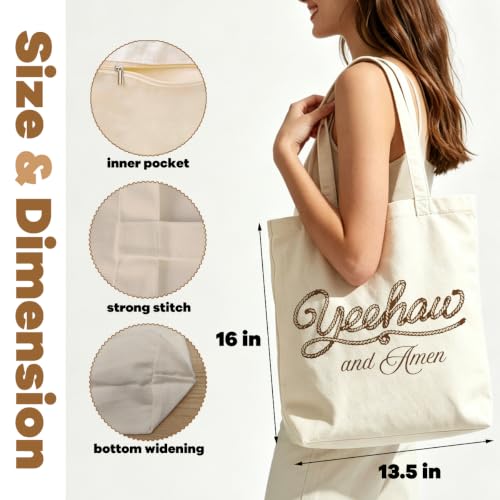 VICBOU Christian Canvas Tote Bag for Women Girls Birthday,Shoulder Bag with Pocket for Grocery Shopping Beach - color: Yeehaw
