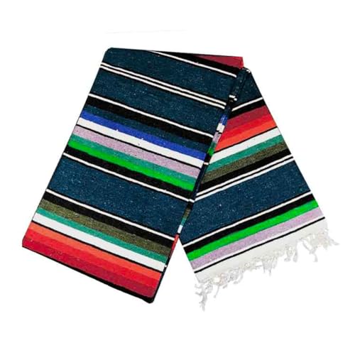 Open Road Goods Authentic Mexican Serape Blanket – 100% Cotton Falsa Throw - Multi-Color Handmade Blanket/Classic Striped Falsa Beach Blanket (Blue) - color: Blue