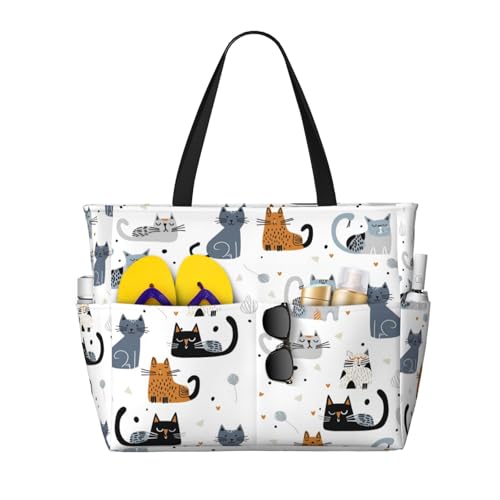 Large Beach Bag for Women Waterproof Foldable Travel Shoulder Tote Bag with Pocket for Weekender Pool Vacation - color: Cat White
