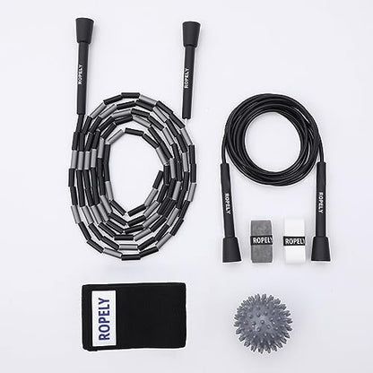 Jump Rope Kit for Beginners – 2-in-1 Segmented & Speed Rope with Resistance Band, Massage Ball & Grip Tape – Adjustable Skipping Rope Set for Women, Men & Kids - color: Black/Grey