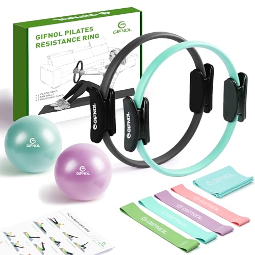 Pilates Ring and Ball Set with Resistance Bands - Pilates Equipment for Home Workout - 14'' & 12'' Pilates Rings, 2 Pilates Balls, 5 Resistance Bands for Toning Arms, Thighs/Legs & Core - color: Black & Cyan