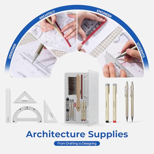 Nicpro 21PCS Professional Drafting Tools & Geometry Set with Case, Architect Compass & Protractor Set, Metal Pencils, Pens, Scale Ruler Metal Ruler, 5 Drawing Templates for Interior House Plan Design - size: 21 PCS