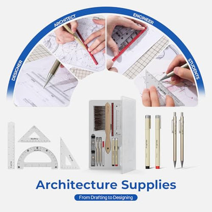 Nicpro 21PCS Professional Drafting Tools & Geometry Set with Case, Architect Compass & Protractor Set, Metal Pencils, Pens, Scale Ruler Metal Ruler, 5 Drawing Templates for Interior House Plan Design - size: 21 PCS