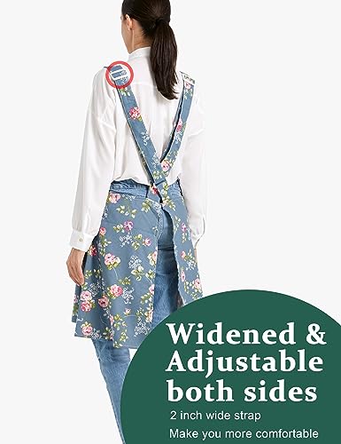 Cozy Adjustable Cross Back Aprons for Women with Pockets Cotton Linen Cooking Kitchen Baking - color: Rose Flower