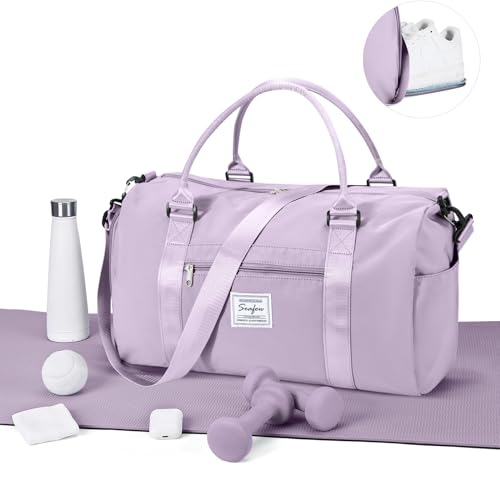 Gym Bag for Women Men with Shoes Compartment,Sports Duffle Bag Personal item travel Duffel Bags Tote Bag Small Carry on Weekender Overnight Bag Workout Dance Bag Hospital Holdalls Light Purple - color: A13-Light Purple