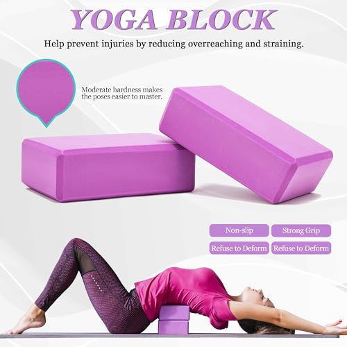 All in One Yoga Wheel Set, Soft Foam Roller Wheel for Back Pain & Stretching, Yoga Blocks 2 Pack with Strap, Trigger Point Therapy Massage Ball for Deep Tissue, Yoga Starter Kit for Beginner - color: C1, Purple