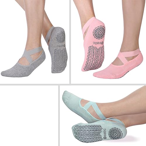 Ozaiic Pilates Socks for Women Non Slip Grip Yoga Barefoot Indoor Workout - color: Grey/Green/Pink