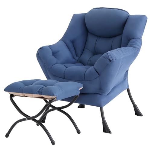 Tiita Lazy Chair with Ottoman, Comfy Reading Accent Chair, Blue | Foldable Footrest, Padded Seat and Backrest, Side Pocket for Lounging in Living Rooms, Bedrooms, Dorms and Small Spaces - color: Blue