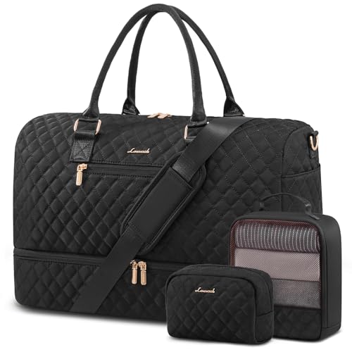 LOVEVOOK Travel Duffle Bag for Women, Weekender Overnight Bag with Shoe Compartment, Carry on Bag with Toiletry Bag, Gym Duffel Bag with Wet Pocket, Hospital Bags for Labor and Delivery 3 Pcs Set - color: Black, size: Large
