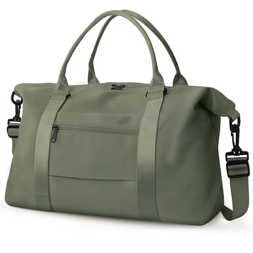 Travel Duffle Bag, Waterproof Weekender Bag Carry On Tote Bags for Women, Travel Essentials Sport Gym Bag for Men, Hospital Bag for Labor and Delivery, Overnight Bag Luggage Bag with Trolley Sleeve - color: Olive Green