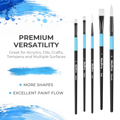 Nicpro 12pcs Artist Paint Brush Set, Paint Brushes for Acrylic Painting | Firm Synthetic Bristle Paintbrushes with Flat Round Filbert Angle Bright Liner for Oil Gouache, Tempera, Craft, Model, Fabric - color: Black-blue