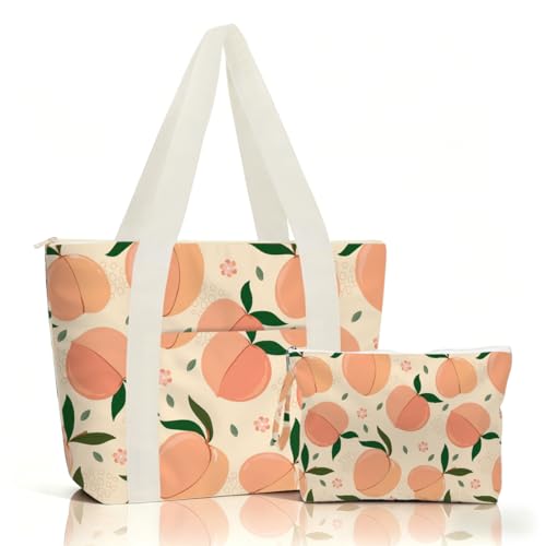 IAXIC Waterproof Tote Bag and Wet Bag Set, Summer Pattern Design for Beach Travel Gym Holiday Gifting - color: Peach