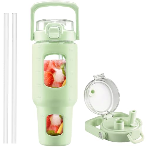 BLUEGO 40 oz Glass Water Bottle with Straw, Leakproof Glass Drinking Bottle with Time Marker and Silicone Sleeve, Wide Mouth for Travel, Gym, Workout, Green - color: Light Green, size: 40 Ounces