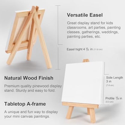 AUREUO Mini Canvas and Easel Set - 3x3 Inch/ 12 Pack - 2/5 Inch Profile Small Square Canvas with Display Stand - Art Gift Set Bulk Pack Canvases for Acrylic Painting & Craft - size: 3"x3" with Easel