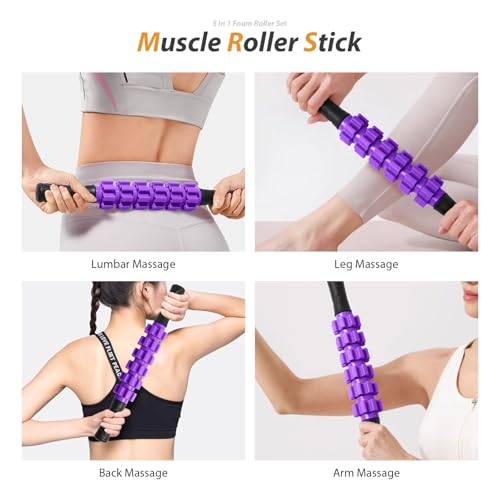 SUBCULTUREPICK 5 in 1 Foam Roller Set for Deep Tissue Muscle Massage | High Density Trigger Point Fitness Patented Exercise Roller, Muscle Stick, Massage Ball, Stretching Strap, for Whole Body - color: Purple