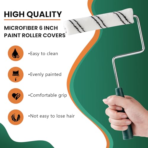 Paint Roller Covers, 10 Pack, 6 Inch, 3/8 Inch Nap | 6 Inch Microfiber Roller Sleeves, Anti-Rust Metal Frame Included, Ideal for Wall & Furniture Painting - size: 6 inch paint roller 10 pack