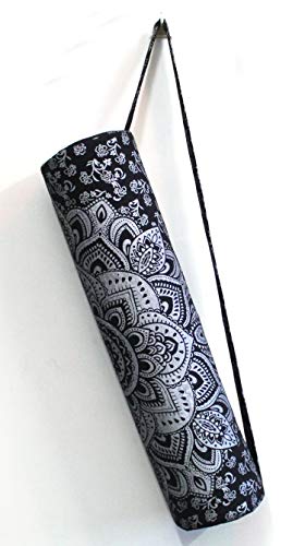 ICC Black Gold Mandala Full-Zip Exercise Yoga Mat Carry Bag Gym Beach Pilates Carrier Bags Hippie Mandala Indian Cotton Bag - style: Black Silver Flower