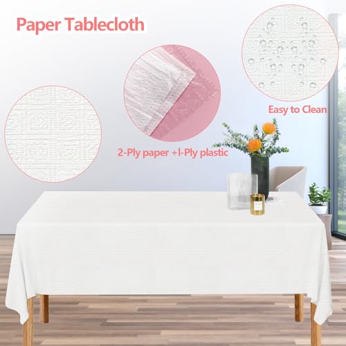 8 Pack White Paper Tablecloths for Rectangle Tables | Disposable Table Cloths, 3 Ply Papers and Plastic Quality Table Cover, for Parties Wedding Birthday, 54 x 108 Inch