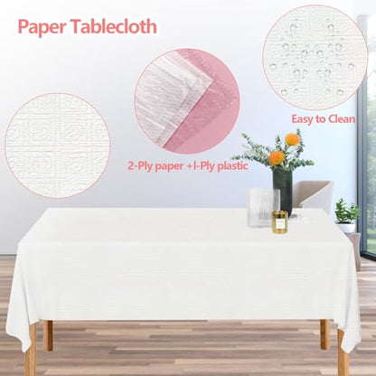 8 Pack White Paper Tablecloths for Rectangle Tables | Disposable Table Cloths, 3 Ply Papers and Plastic Quality Table Cover, for Parties Wedding Birthday, 54 x 108 Inch