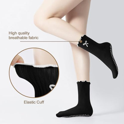 Women's Pilates Grip Socks, Ruffle Non Slip Bow Pattern Yoga Socks | Grippy, Frilly Trim, Embroidery, Crew Length, Soft Cotton, Arch Support, for Barre Ballet Dance Workout Hospital Home Gifts - color: B06-bow-red+black