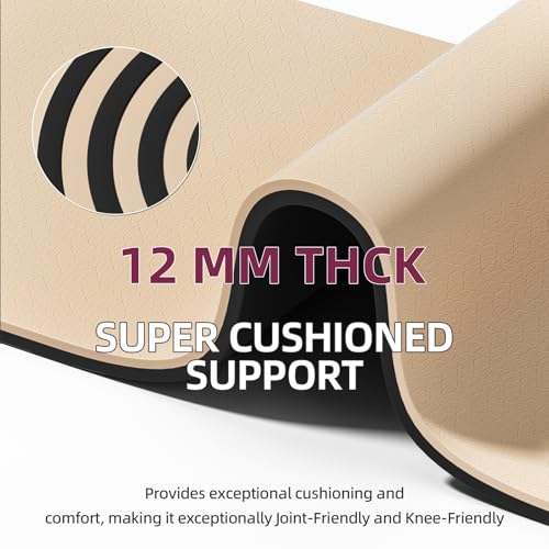 Extra Thick 12mm TPE Exercise Yoga Mat with Strap, 72"L x 24.8"W Non-slip Workout Mat for gymnastics, Pilates, Home, Workout, Gym Floor Fitness - color: Milk coffee + Black