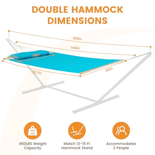 Lazy Daze 12 FT Double Quilted Hammock with Spreader Bar for Outside, Aqua | 2 Person Heavy Duty Hammock with Detachable Pillow and Carabiners for Outdoor Backyard Poolside, 450lbs Weight Capacity - color: Aqua