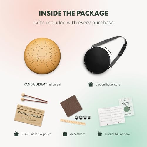 Panda Drum Plus (Sandstone) | Steel Tongue Drum | 11 Inch | Calming Handpan | with Music Book, Mallets, Carrying Bag & Finger Picks | 432 Hz Rain Drum | Calming Musical Instrument for Adults - color: 2-Sandstone
