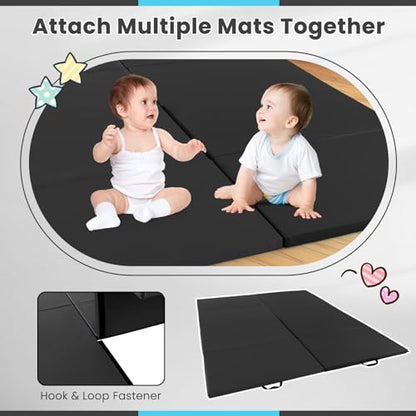 Giantex 4'x10'x 2" Gymnastics Mat, 4-Panel Folding Aerobics Exercise Mat w/Hook & Loop Fastener, Carrying Handle, Portable Tumbling Mat for Stretching Yoga Cheerleading Martial Arts - color: Black