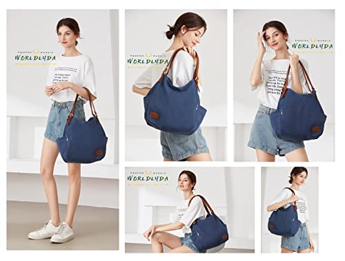 Worldlyda Women Canvas Hobo Purse Multi Pocket Tote Shopper Shoulder Bag Casual Top Handle handbag with Embroidery Ethnic - color: Be06dark Blue