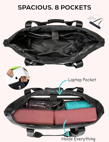 Yoga Mat Carrier: Extendable, Built-In Mat Straps & Laptop Pocket. Carry All Yoga Gym Work Accessories. Large Yoga Gym Tote Bag for Women & Men - color: Black