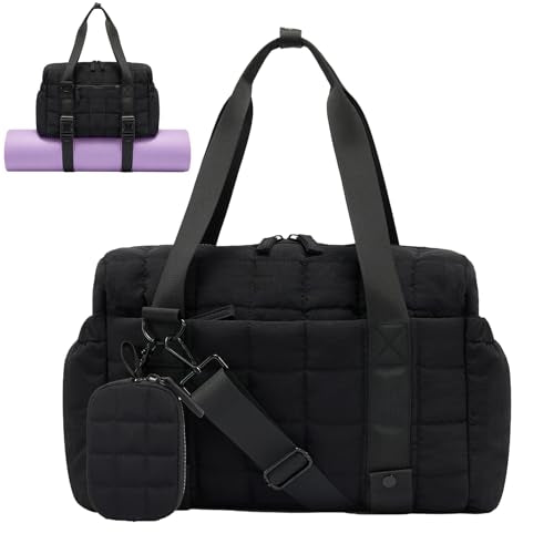 Small Gym Bag for Women, Puffy Sports Duffel Bag with Yoga Mat Holder - color: Black, size: Small