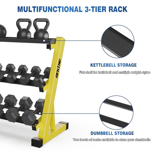 BEKING 3 Tier Dumbbell Rack,1000LB Capacity Weight Storage Rack for Home Gym Fitness,Multifunctional Free Weight Organizer Stand for Dumbbells, Kettlebells,Compact Design Save Floor Space - color: YELLOW