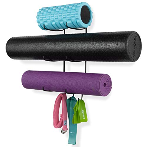 Wallniture Guru Yoga Mat Holder Wall Mount with 3 Hooks for Hanging Yoga Strap, Resistance Bands, 5-Sectional Metal - color: Black, size: 19'' H | 3 Sectional