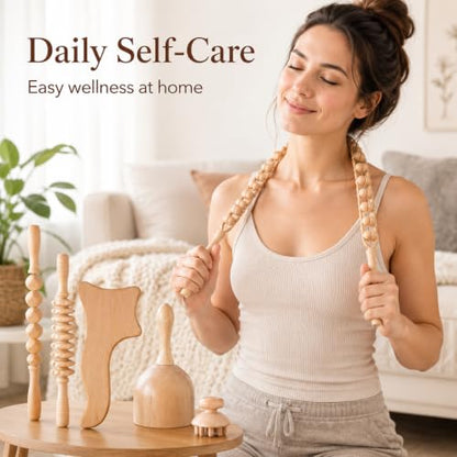 Ciieeo 6 Pcs Wood Therapy Massage Tools Set Wooden Roller Stick Massage Cups Therapy Tools for Body Shaping Office Fatigue Relief Circulation Support