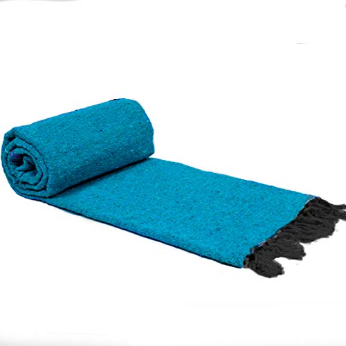Open Road Goods Solid Color Mexican Yoga Blanket – Large Handwoven Throw for Yoga, Beach, Camping or Home – Soft and Durable Cotton Blend - color: Blue Blanket