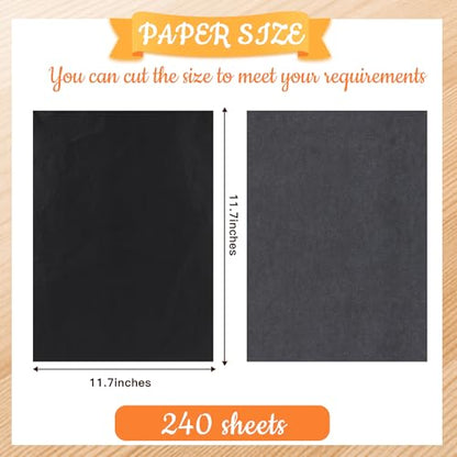 240 Sheets Carbon Paper for Tracing, A4 (8.3 x 11.7 Inch), Black | Graphite Transfer Paper, No-Smudge, 5 Embossing Stylus, For Wood, Fabric, Canvas, DIY Craft