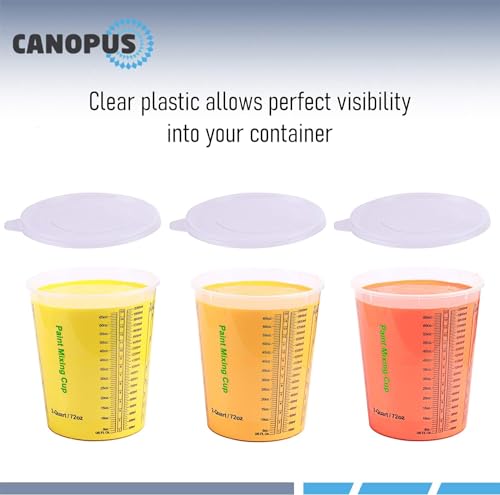 CANOPUS 72-oz Paint Mixing Cups, Pack of 12 Cups with 3 Lids, Reusable and Solvent-Resistant Clear Plastic Containers for Paint, Epoxy, Resin, Oil, and Thinner - size: 72 oz
