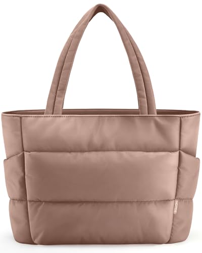HOTOR Puffer Tote Bag for Women, Multi-Pocket, Zippered - color: Brown, size: 18.1" × 6.3" × 11.8"