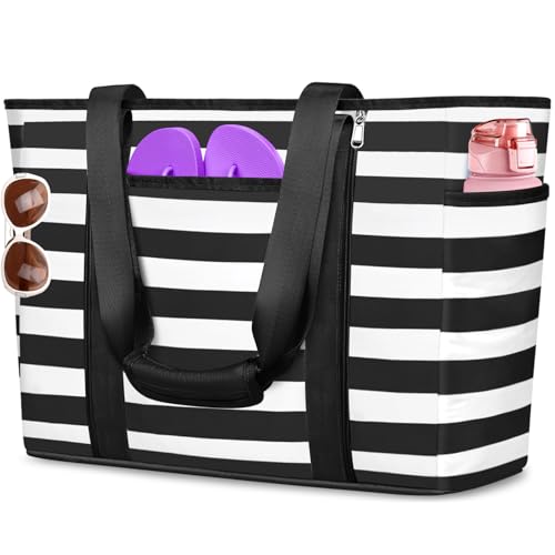 Extra Large Beach Bags for Women, Waterproof Sandproof Beach Tote Bag Foldable Swim Pool Bag with Zipper and Wet Pocket - color: Black and White