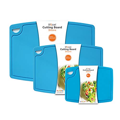 Liflicon Silicone Thick Cutting Boards Mats Set of 3pcs Foldable & Flexible Design Juice Grooves Easy Grip Handle Dishwasher Safe for Kitchen,BPA free Chif-Blue - color: Blue, size: S+M+L