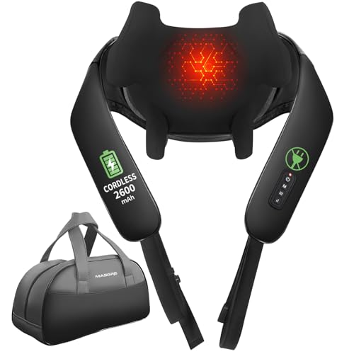 MASGRE Shiatsu Neck and Shoulder Massager, Cordless Back Massager with Heat | 2600mAh Shoulder Massager Deep Tissue 6D Kneading with Carry Bag, Massages for Neck, Back, Shoulder, Body Gifts for Mom Dad - color: Black Grey